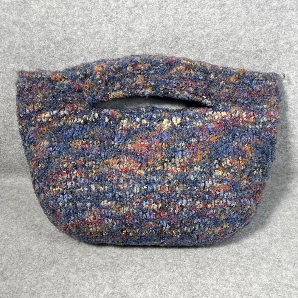 Handcrafted Purse Clutch Bag Blue Gray Knitted Wool Felt Artisan 13” x 9” Boho